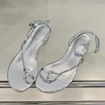 Xajzpa Summer Fashion Clip Toe Sandals Women Buckle Strap Thin Low Heels Chain Narrow Band Silver Party Dress Shoes